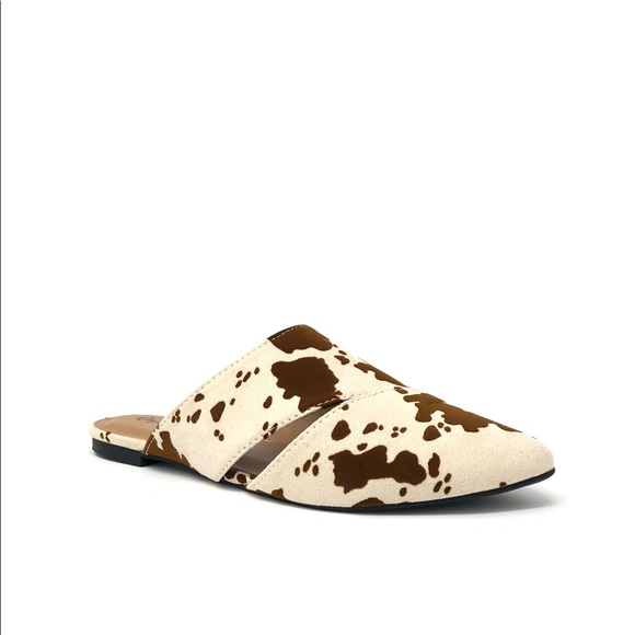 Cow Print Vegan Suede Mule Flats - Picture 6 of 12